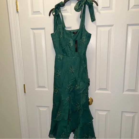 NWT ($79.00) Lulus Elegant Green Embroidered Ruffled Tie-Strap Midi Dress - Picture 6 of 8